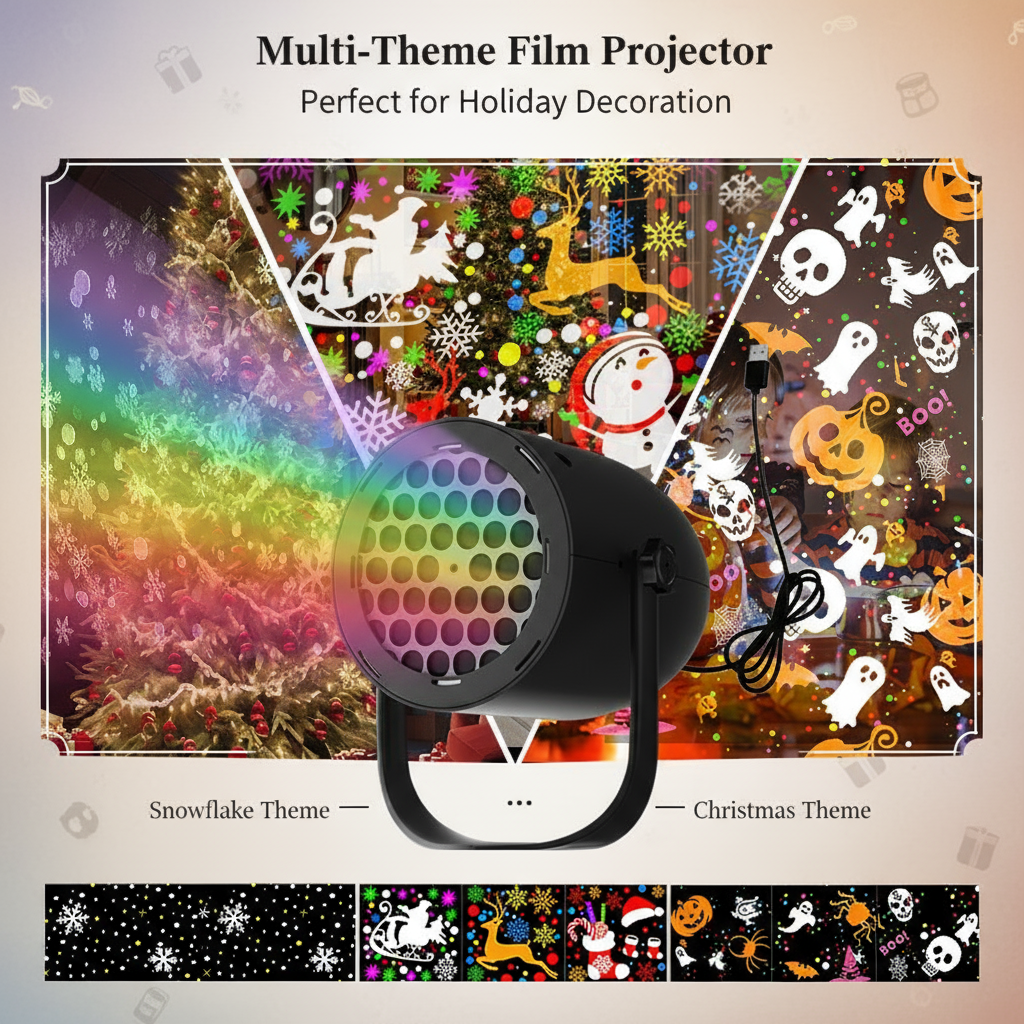 USB Holiday Projector Night Light with 3 Themes (Xmas/Halloween/Snow) - Gift for Kids, Christmas Decor, Spooky Party Light