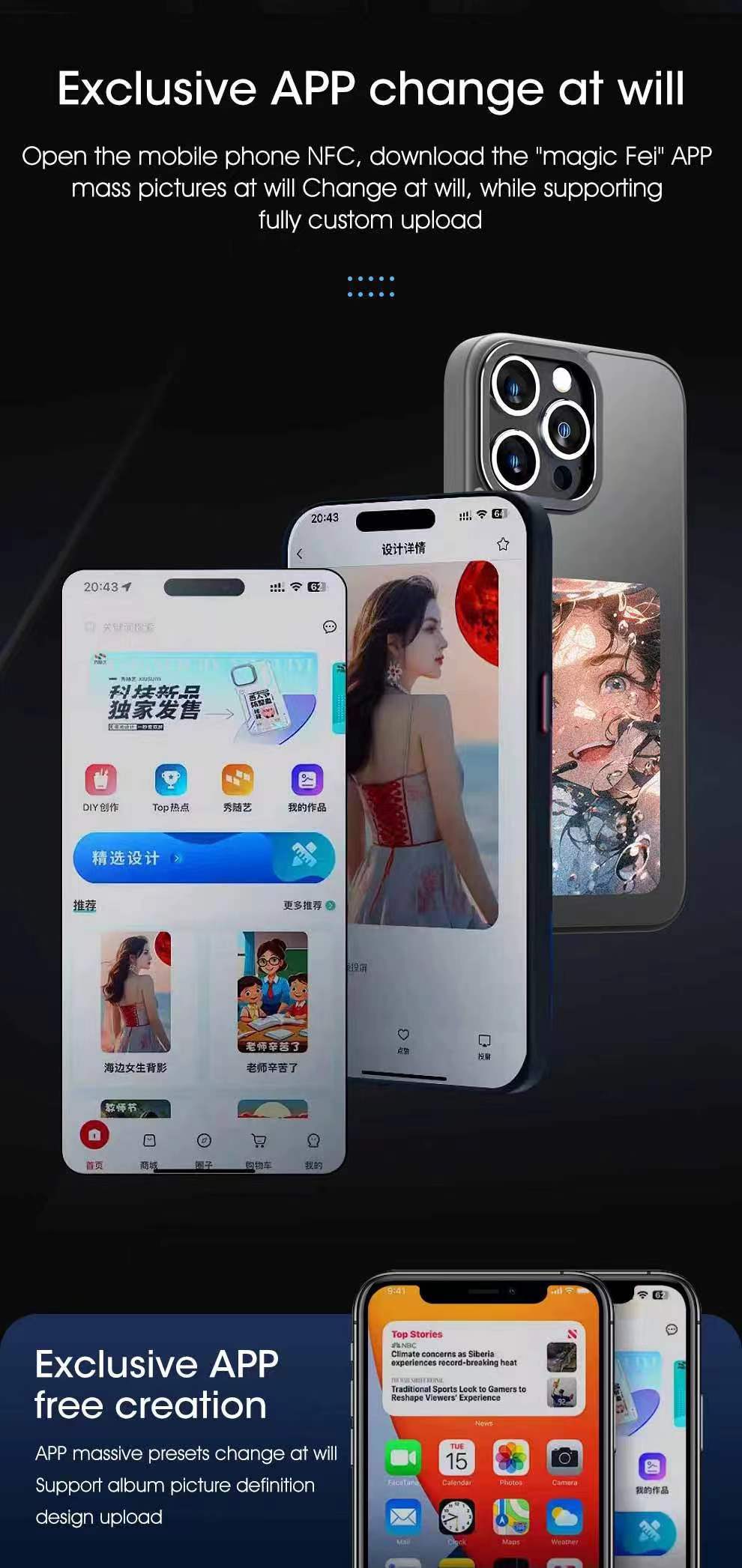NFC-Enabled Smart Case for iPhone 13-15 _ DIY E Ink Display Back Cover _ Shockproof Protective Case with Customizable Screen & Touch-to-Show Technology