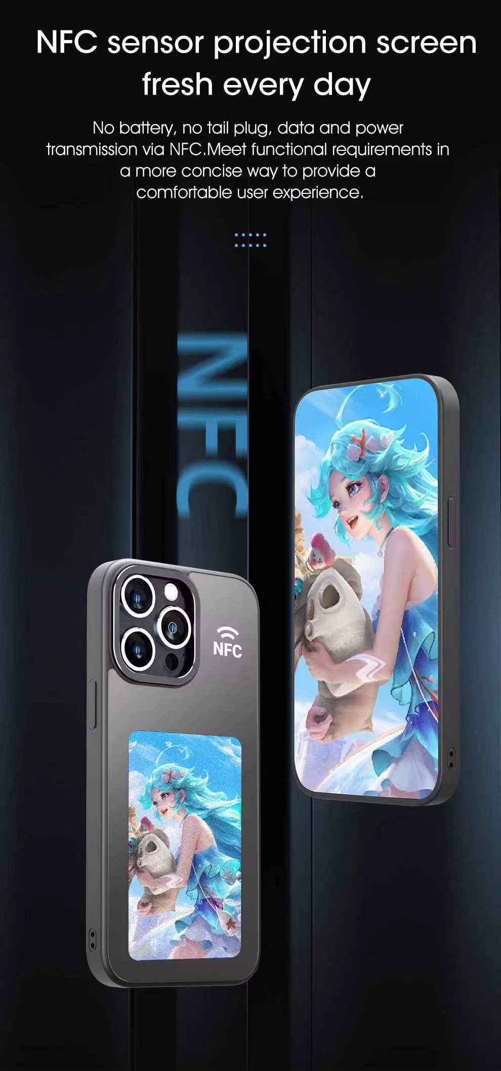 NFC-Enabled Smart Case for iPhone 13-15 _ DIY E Ink Display Back Cover _ Shockproof Protective Case with Customizable Screen & Touch-to-Show Technology