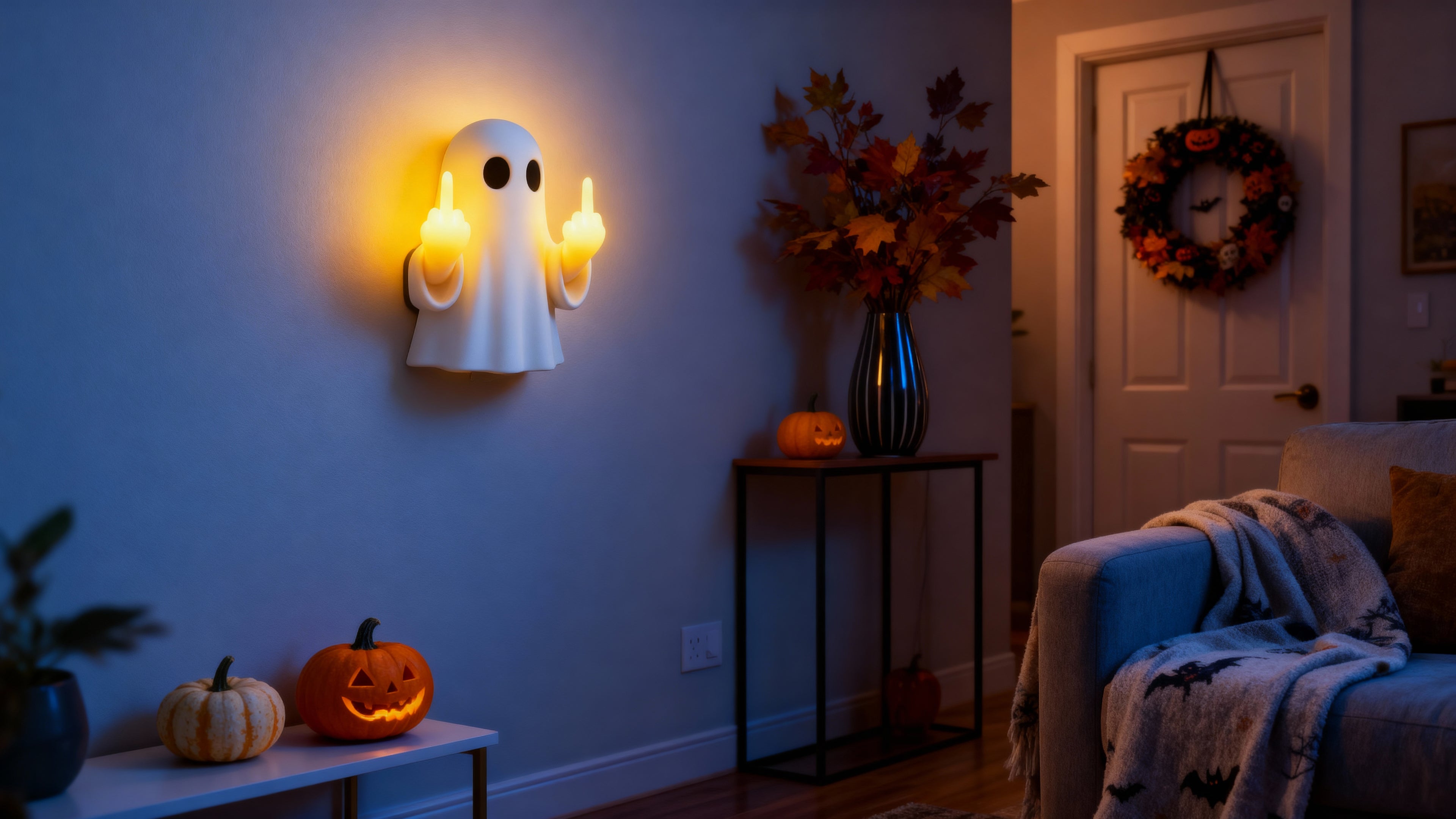 Spooky Flipping Off Ghost Night Light | Halloween Decor LED Lamp with Middle Finger