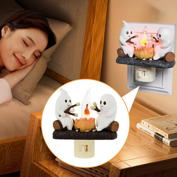 Ghost Campfire Flickering Plug-in Night Light - Spooky Halloween Decor, Electric Phantom Flame Light for Bedroom, Nursery, Party Ambiance