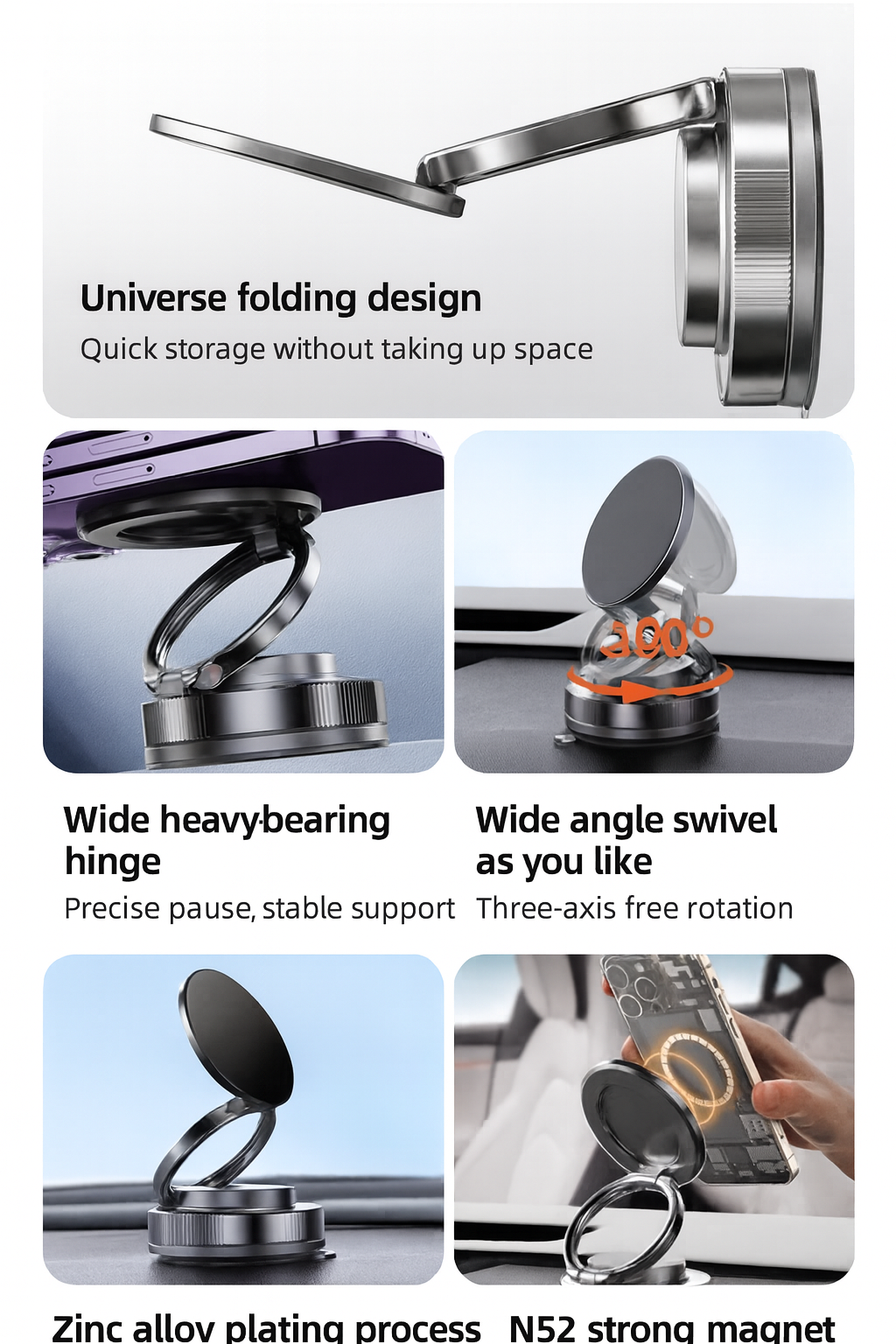 Magnetic Vacuum Suction Cup Phone Mount - 360° Rotatable Multi-Surface Car Air Vent Dashboard Compatible Phone Holder for Windshield, Bathroom, Kitchen, Office & Home Use