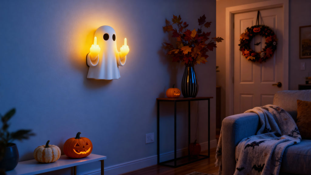 Spooky Flipping Off Ghost Night Light | Halloween Decor LED Lamp with Middle Finger